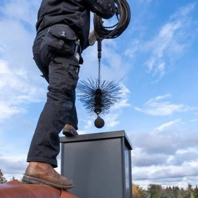 istockphoto-1284354676-612x612 - Emerson Pro Services Chimney sweep cleaning a chimney standing on the house roof, lowering equipment down the flue