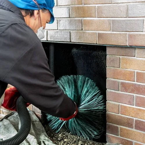 istockphoto-546445516-612x612 - Emerson Pro Services Chimney sweep wearing a mask for protection whilst cleaning chimney - screwing the chimney sweep brush as it ascends the chimney