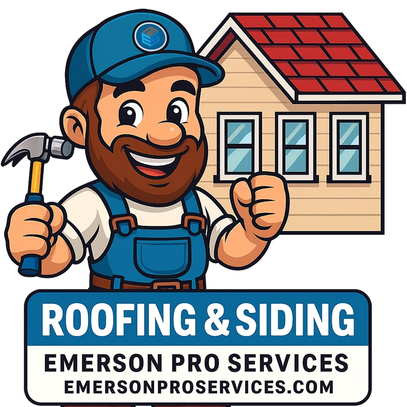 Cartoon technician holding a hammer with a house illustration, labeled “Roofing & Siding – Emerson Pro Services.”