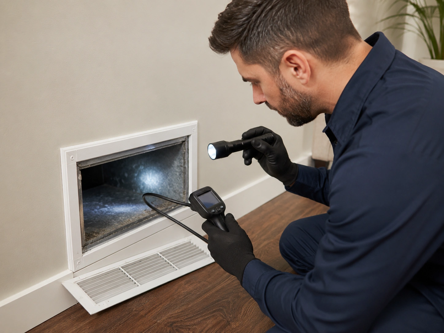 Technician inspecting air duct with camera before recommending sanitizing in a Dallas home