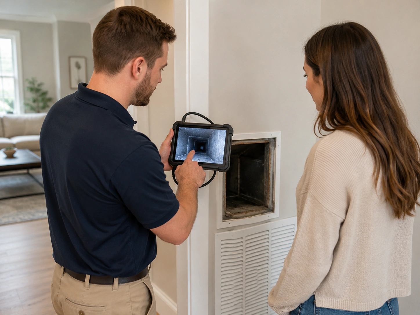 Technician showing inspection camera footage to homeowner during air duct walkthrough in Dallas