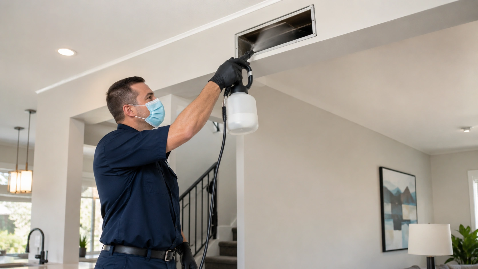 Technician applying air duct sanitizing treatment inside a Dallas TX home