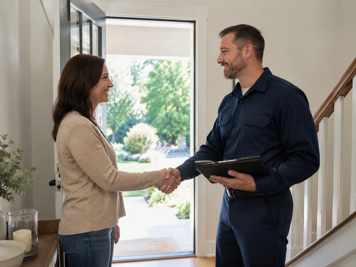 Homeowner and technician finalizing air duct cleaning service agreement in Dallas TX